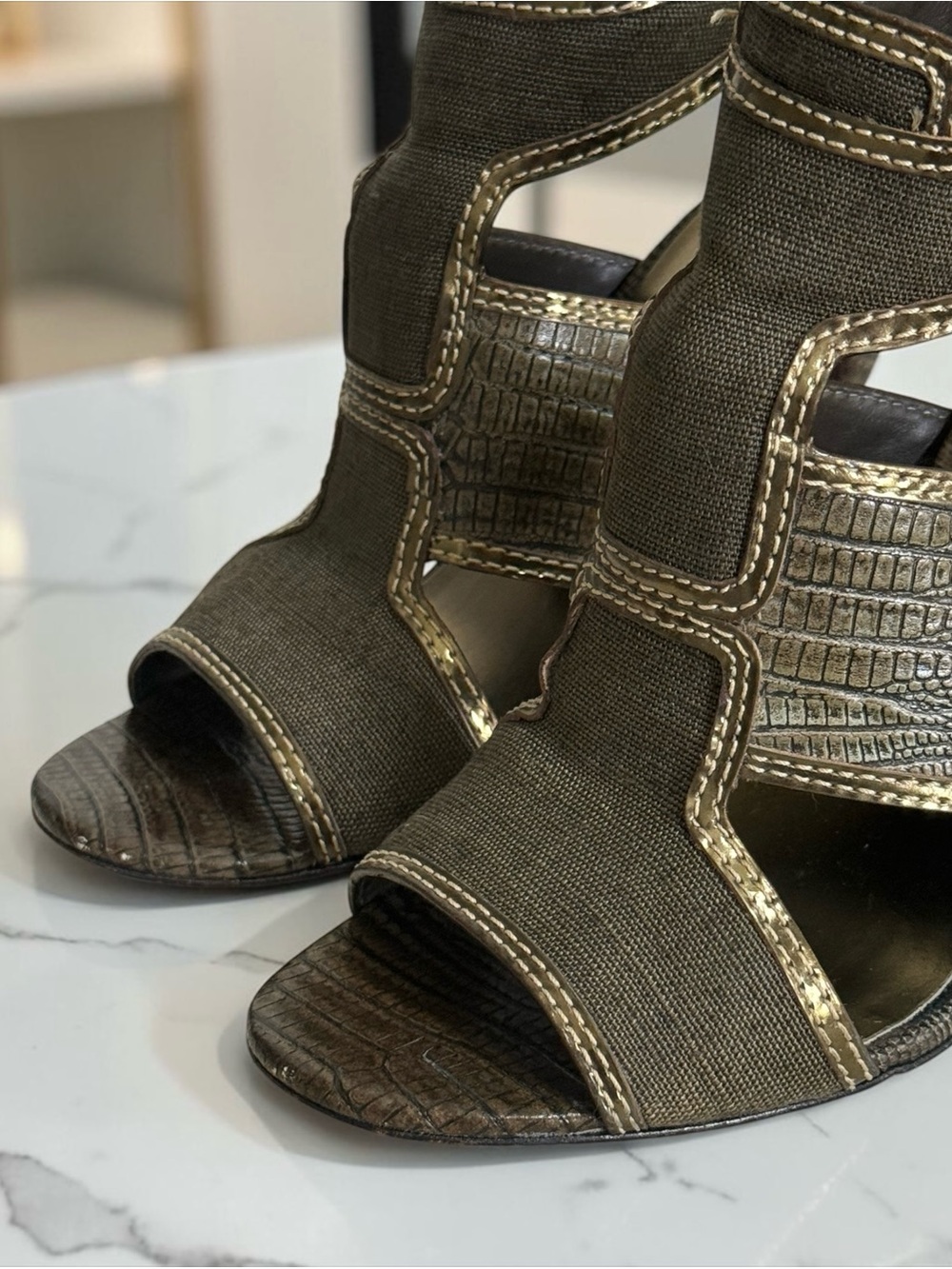 Tory Burch Geoff Caged High Heel Olive Gold Gladiator Sandals! Size 8 - Picture 10 of 16